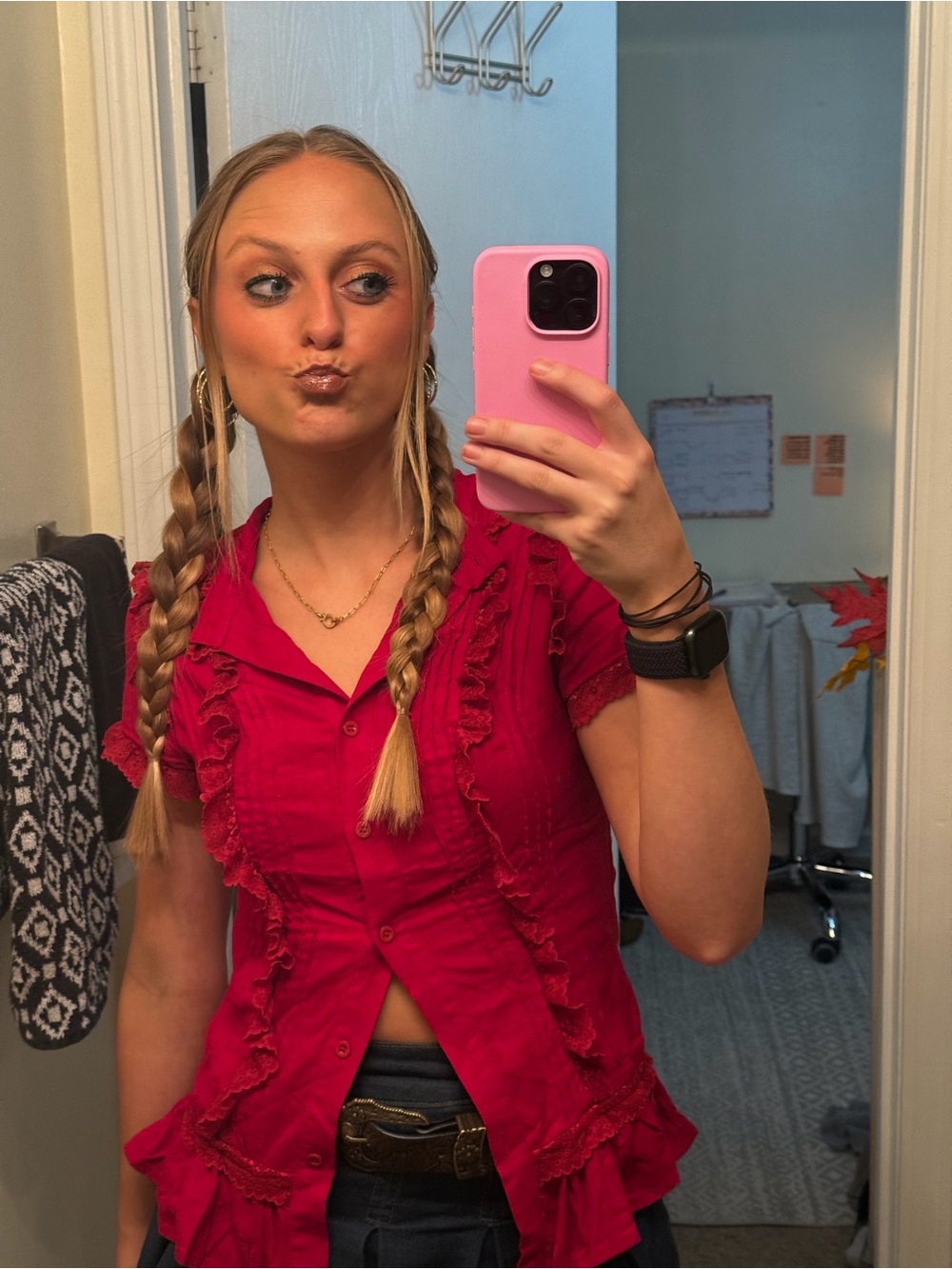 SHEIN Red Ruffle Button-Front Top